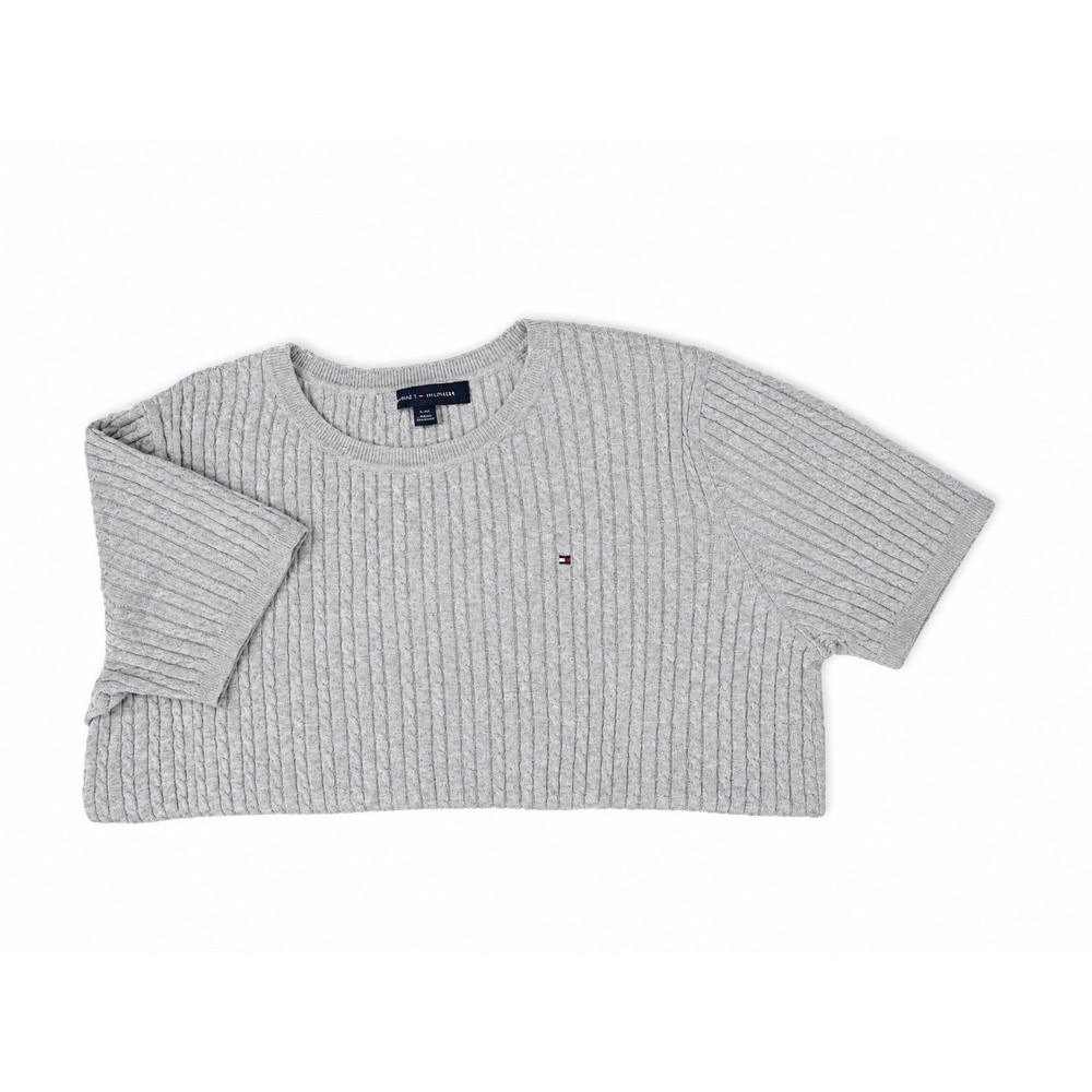 Tommy Hilfiger Women's L Gray Rib-Knit Crew Neck Short Sleeve Pullover Logo - Picture 3 of 3